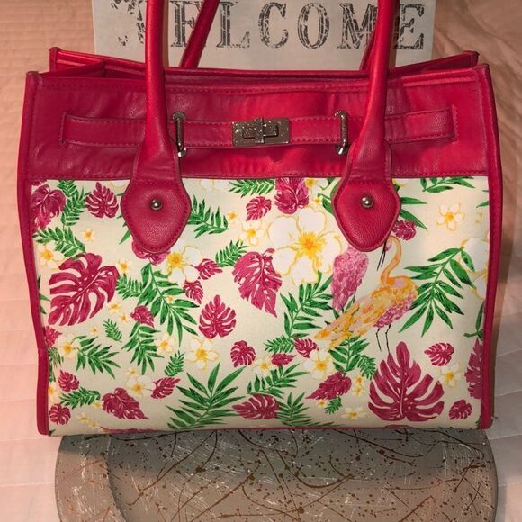 Apt. 9 Fuchsia Pink Canvas Leather Combo Tropical adoring Summer Tote Bag - Picture 1 of 16